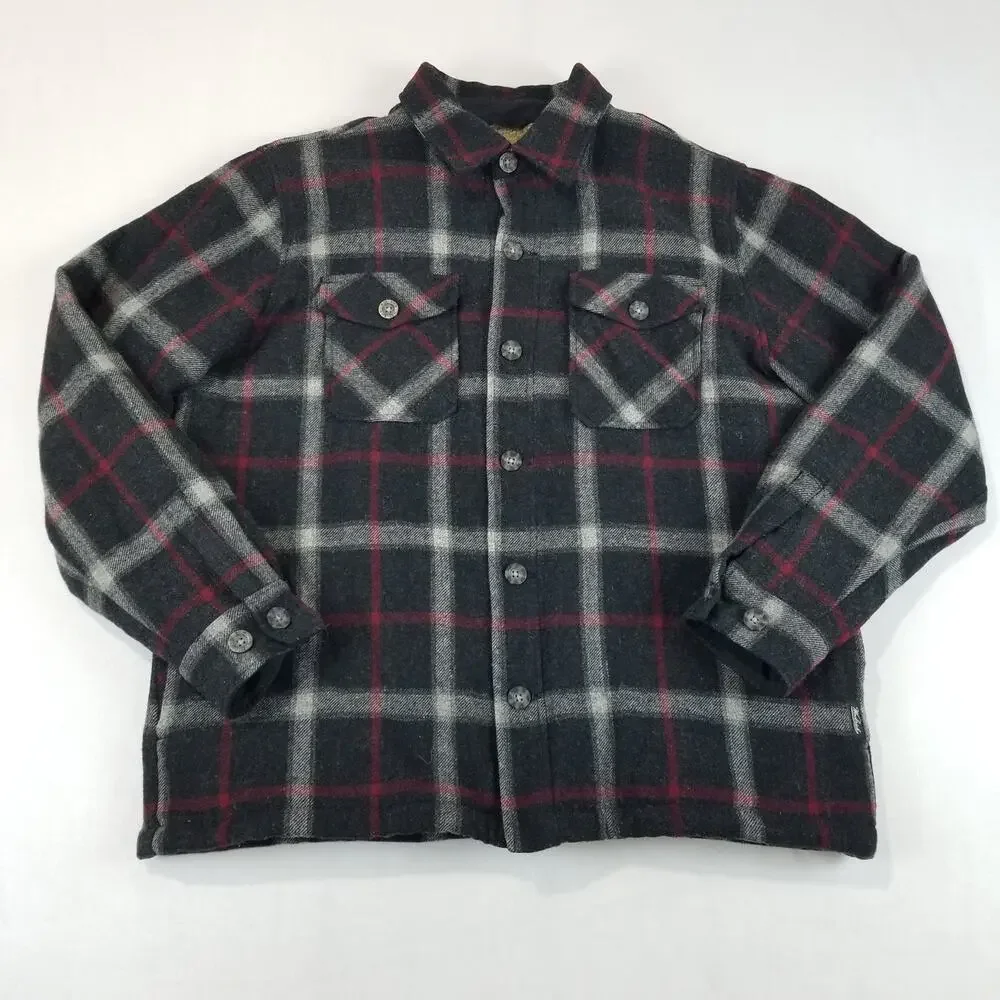 Woolrich Jacket Mens Large Slate Plaid Wool Sherpa Lined Button Front 16095